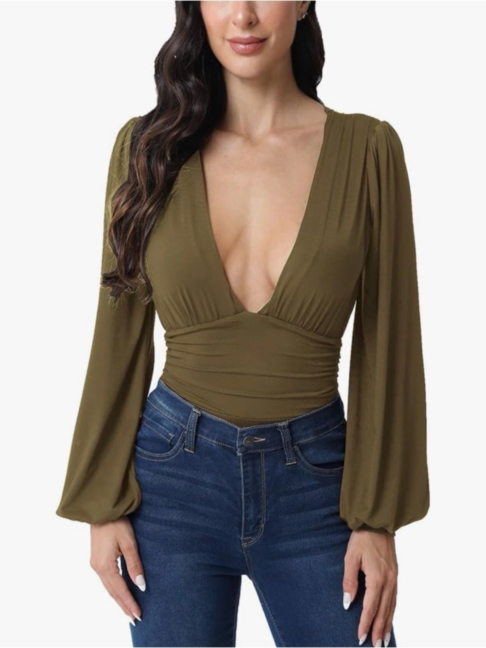 Deep V-Neck Olive Long-Sleeve Wrap Bodysuit. Size M. Worn once.
